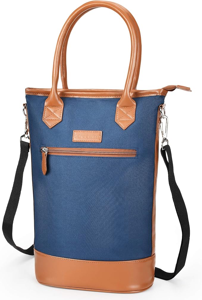 Tirrinia Insulated Wine Gift carrier Tote - Travel Padded 2 Bottle Wine/Champagne Cooler Bag with Handle and Adjustable Shoulder Strap, Great Wine Lover Gift, Blue