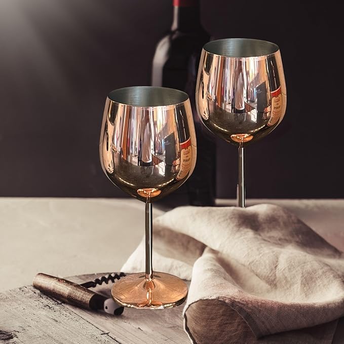 K&K Home Rose Gold Stainless Steel Unbreakable Wine Glasses - 18 oz - Set of 2 Colored, Stemmed Metal Wine Glasses Perfect for Outdoors, Weddings, and Parties (Rose Gold, Set of 2)