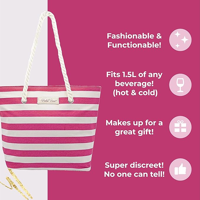 PortoVino Insulated Wine Purse Tote Bag | Canvas Drink Pouches | Hidden Spout, Wine Dispenser Flask | Beach Bag Holds 50 oz Beverage for Travel | Concerts | Drink Lovers - Pink/White