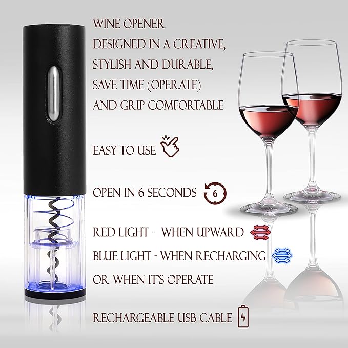 Moss & Stone Electric Wine Opener Set, Corkscrew Remover With USB Charging, Wine Bottle Opener with Wine Pourer, Foil Cutter & Vacuum Stopper, Automatic Wine Opener For Wine Lovers (Black)