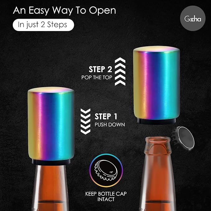 GOCHA | Magnetic Beer Bottle Opener with Automatic Cap Catcher – Stainless Steel Push-Down Gadget, One-Hand Bar Tool for Beer & Soda Bottles (Rainbow)