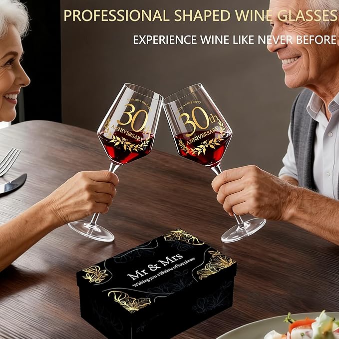 30 Years Anniversary Wine Glass Gift Set of 2 Happy 30th Anniversary Package with 2 Wine Glasses, Wine Bag, and Greeting Card Gifts for Couple Husband and Wife