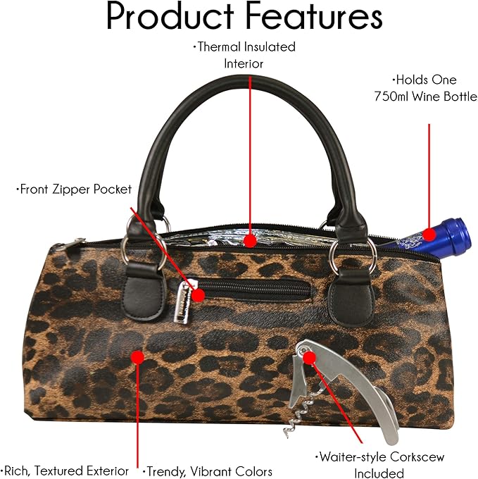 Primeware Wine Clutch Bag (Thermal Insulated) Trendy Women’s Carry Tote | Holds Red & White 750mL Bottles | Trendy Fashion | Incl. Portable Waiter-Style Corkscrew (Cougar)