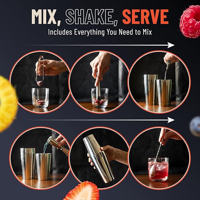 Mixology Bartender Kit with Boston Cocktail Shaker - 9pc Stainless Steel Bar Tool Set - Drink Mixer, Cocktail Accessories, Home Bar Essentials, Martini Barware Set, Men or Women Bartending Gift