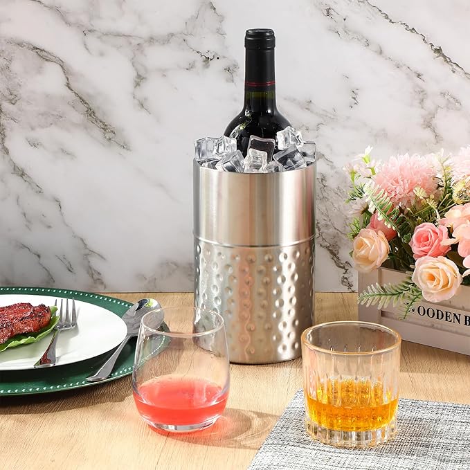 meekoo 12 Pack Wine Chiller Bucket Stainless Steel Double Wall Insulated Wine Cooler Bucket to Keep Cold, Hammer Pattern Champagne Cooler for Bar Party Restaurant, Gift for Champagne Lovers