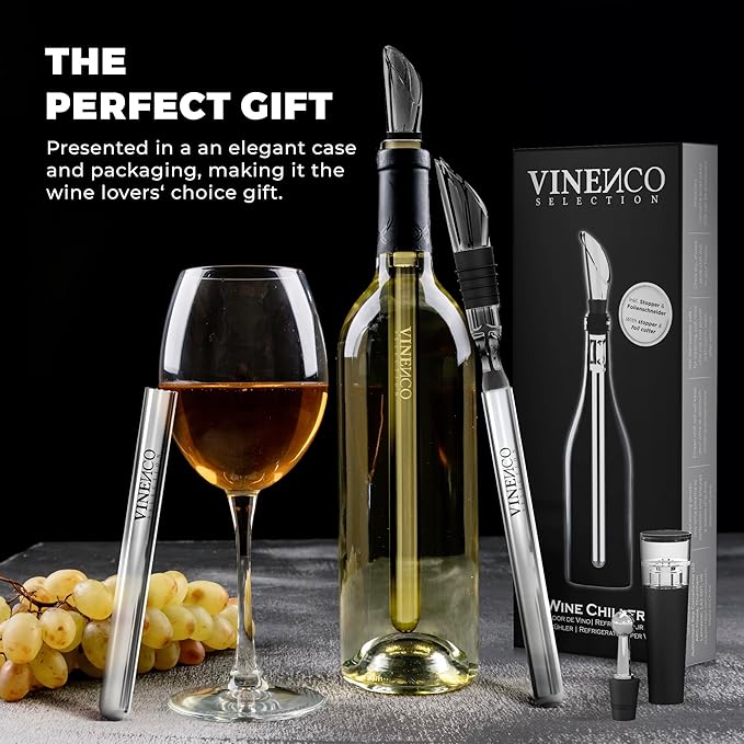 Wine Chiller Set & Chill Rods + Foil Cutter, Stopper, Ebook - Premium 7in1 Stainless Steel Bottle Cooler Stick, Decanting Aerator & Drip-Free Pourer | Bar Gift Men Women