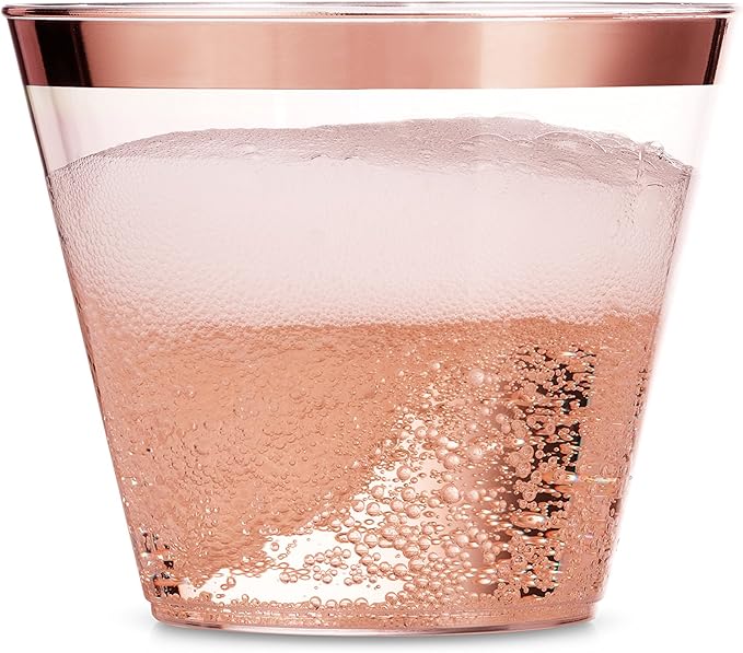 Munfix 100 9 Oz Clear Plastic Cups, Old Fashioned Tumblers, Fancy Disposable Wedding Cups, Elegant Party Cups with Rose Gold Rim
