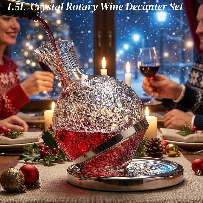 Crystal Red Wine Decanter Set - 360° Rotating Wine Aerator Carafe Soccer Design, 1.5L Hand-Blown Crystal Glass Wiskey Decanter with Gift Box, for Wine Lovers & Soccer Fans (Silver)