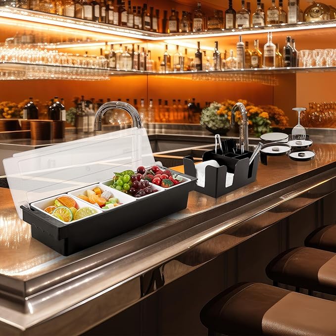 Mifoci Bartending Supplies 4 Compartments Garnish Tray with Lid Bar Caddy 3 Tier Glass Rimmer Stainless Steel Bottle Pourers Juice Pouring Cocktail Tools Plastic Serving Accessories