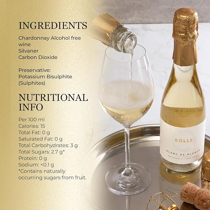 BOLLE Blanc de Blancs - Non Alcoholic Wine - Alcohol Free Sparkling White Wine with Citrus and Green Apple, Award Winning Champagne Alternative, Champagne Style - 375ml