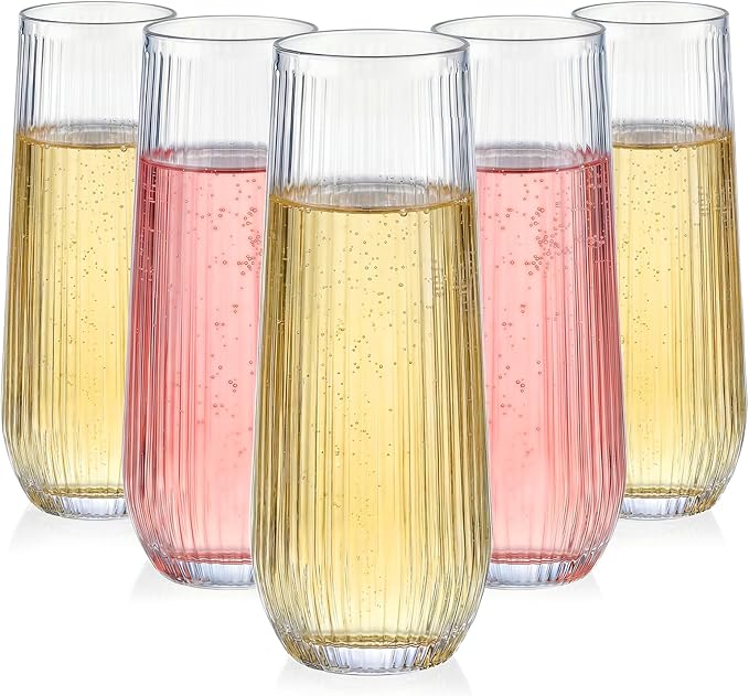 GuanQiao 24 Pack Stemless Plastic Champagne Flutes, 9oz Ribbed Disposable Champagne Glasses, Heavy Duty Shatterproof Mimosa Glasses for Wine Tasting, Wedding, Bridal Shower, Party Supplies, Birthday