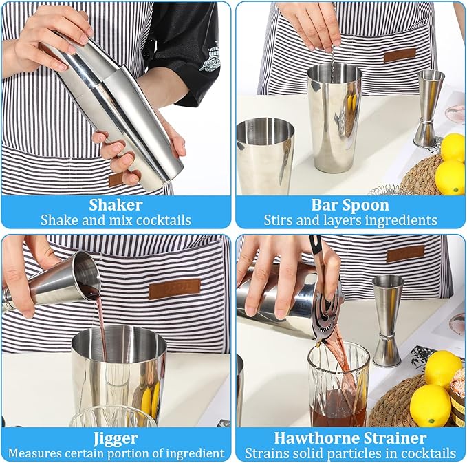 Professional Cocktail Shaker, Professional 5-Piece Bartender Kit with Boston Shaker, Hawthorne Strainer, Double Measuring Cocktail Jigger, and 10-inch Mixing Spoon, Stainless Steel Martini Shakers