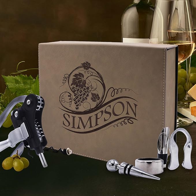 My Personal Memories Custom Engraved 5 Piece Wine Tool Opener Accessories Box Set - Personalized Wine Lovers for Anniversary, Weddings, and More (Tan)