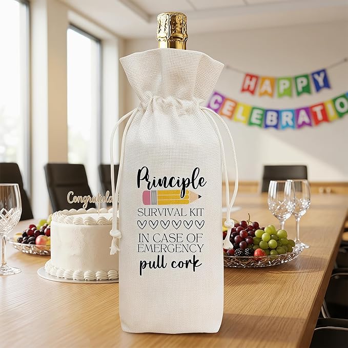 Principal Appreciation Gift Wine Bag, Funny Survival Kit Linen Drawstring Wine Bottle Cover, Reusable Wine Pouch for Principal Back to School Retirement Birthday Thank You Gift - A07