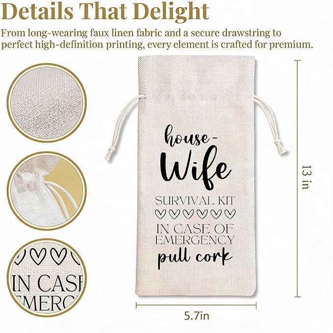 Funny Housewife Survival Kit Wine Bag, Linen Drawstring Wine Bottle Gift Bag, Reusable Wine Pouch for Wife Birthday Anniversary Mother's Day Wedding, 13 x 5.7 Inch - A06