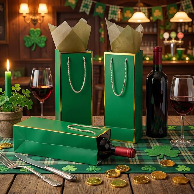 TaoBary 50 Pack Wine Gift Bags and Gold Wrapping Paper Set Wine Bags for Bottle Bulk 4 x 5 x 13 Inch Champagne Gift Paper Sack with Handles for Christmas Appreciation Wedding Anniversary (Green)