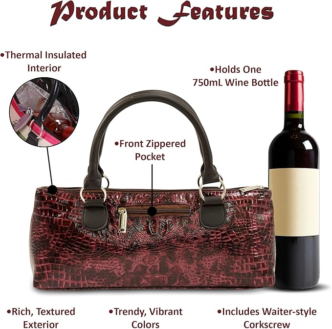 Primeware Wine Clutch Bag (Thermal Insulated) Trendy Women’s Carry Tote | Holds Red & White 750mL Bottles | Trendy Fashion | Incl. Portable Waiter-Style Corkscrew