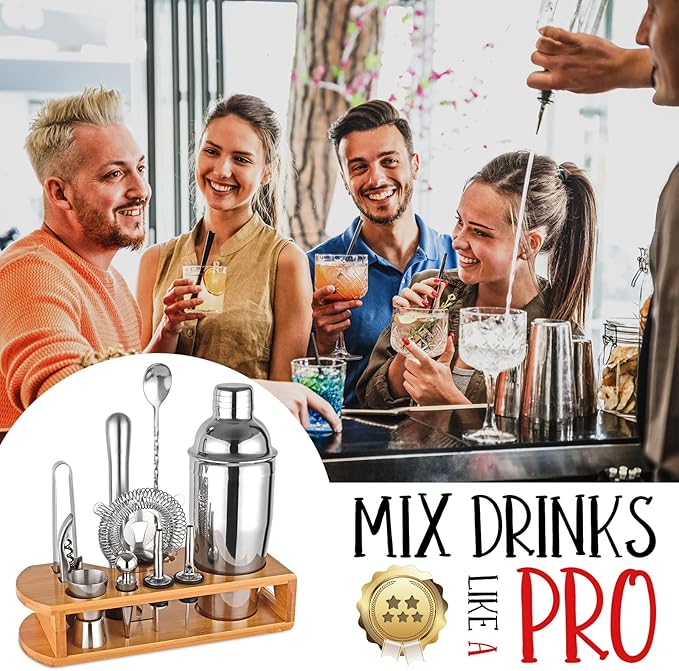 Cocktail Shaker Set Bartender Kit : 12-Piece Bar Tool Set with Bamboo Stand | Bars Set with All Practical Bar Accessories, for Drink Mixing, Bar, Home, Lounge & Party (Silver)