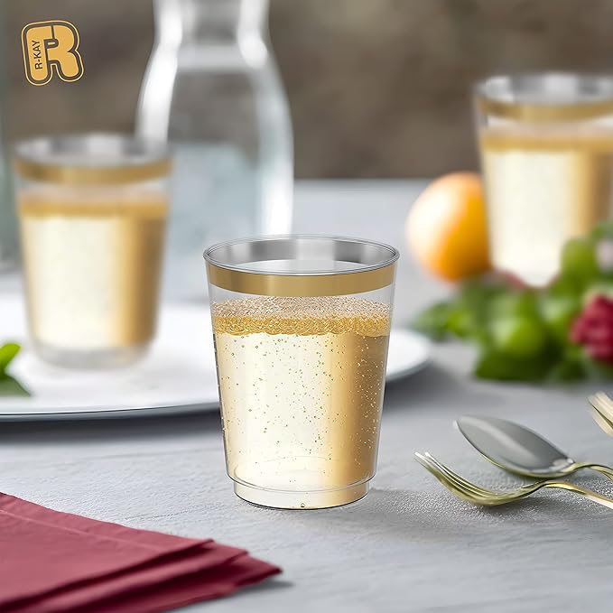 R-kay Gold Plastic Cups, Heavy Duty 10 OZ Disposable cups, Plastic Cocktail Glasses For Party, 50 Pack Disposable Cocktail Glasses (50, Gold)