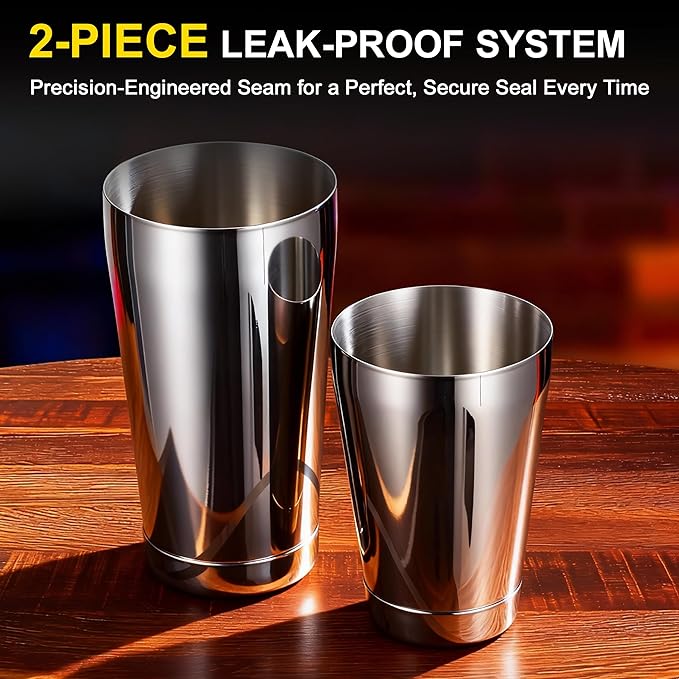 Boston Shaker Set, 18oz & 28oz 2-Piece Tins, Professional 304 Stainless Steel Cocktail Shaker with Leak-Proof Weighted Base for Bartending, Home & Bar Use (Black)