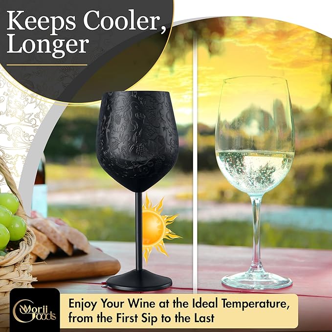 Stainless Steel Wine Glasses - Set of 2 Etched 16 oz Metal Goblets, Unbreakable Black Cups for Camping, Travel, Outdoor Events, Picnics, Luxury Wine Gifts for Women and Men (Matte Black)