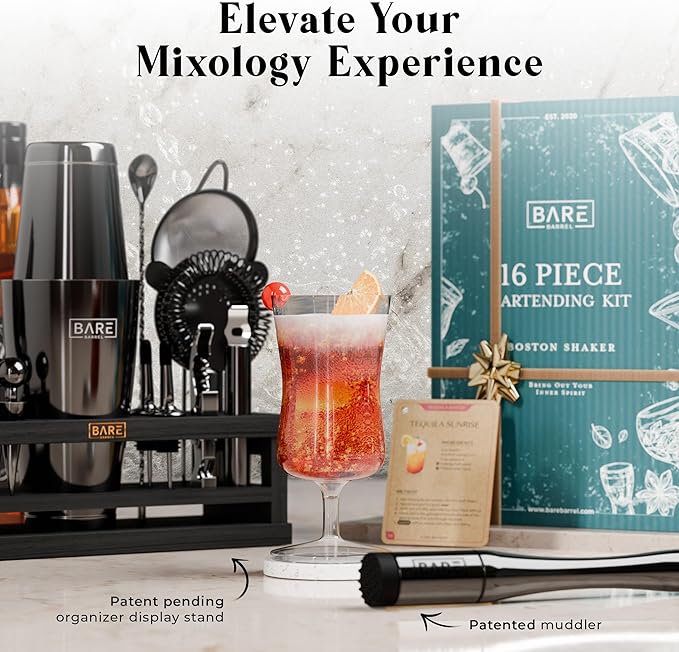 BARE BARREL® Mixology Bartender Kit Bar Set | 16-Piece Cocktail Shaker Set | Martini Barware Mixing Tools for Home Bartending | Incl. 35 Recipe Cards | Gift Set (28oz Boston Shaker, Jet Black/Black)