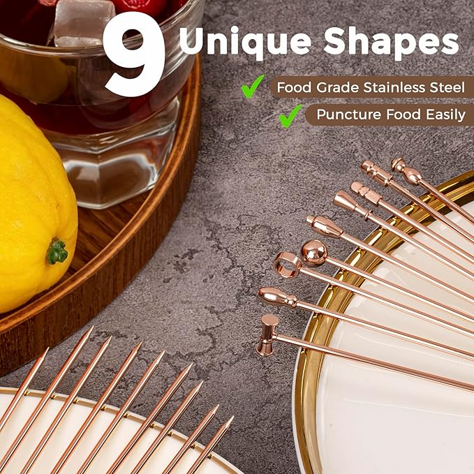 Metal Martini Cocktail Picks 9 Pcs, 4.1 in Olive Skewers Stainless Steel, Drinks Garnish Sticks, Reusable Appetizers Toothpicks, Home Bar Accessories Supplies Valentine Gift for Bartender - Rose Gold