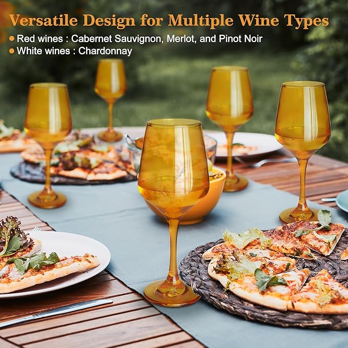 Amber Wine Glasses Set of 6, 14oz Stemmed Glasses, Thick & Colored, Dishwasher Safe Stemware for Red or White, Gift for Party, Holiday, Anniversary, Restaurant, Home Bar, Daily Use