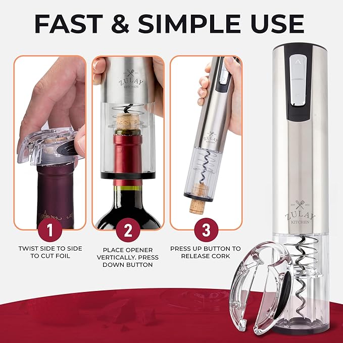 Zulay Kitchen Electric Wine Opener with Charging Base & Foil Cutter - Rechargeable Automatic Corkscrew Wine Bottle Opener for Natural & Synthetic Corks - Stainless Steel Silver
