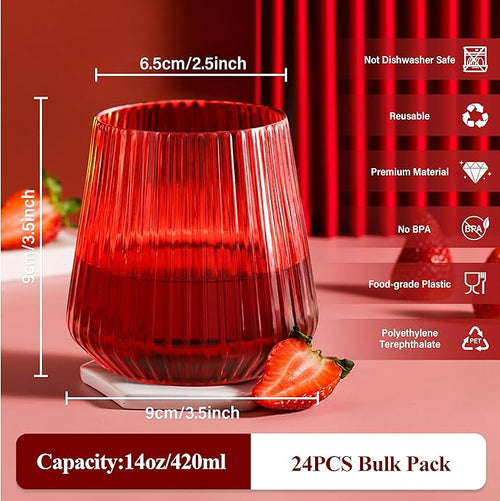 24 Pack Red Plastic Wine Cups for Party, 14oz Disposable Stemless Ribbed Wine Glasses for Christmas, Unbreakable Outdoor Cocktail Glasses, Heavy Duty Reusable Plastic Drinking Cup for Mimosa Bar