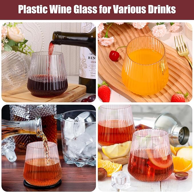 24 Pack Plastic Ribbed Wine Glasses, 14oz Stemless Disposable Wine Cups, Cute Clear Unbreakable Outdoor Cocktail Glasses, Heavy Duty Reusable Plastic Drinking Cup for Party Wedding Mimosa Bar