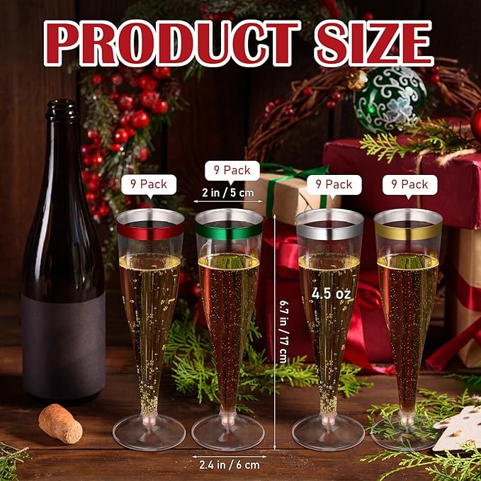 Jingmore 36 Pcs Plastic Champagne Flutes 4.5 oz Clear Disposable Wine Glasses Cocktail Cup Champagne Glass for Wedding Graduation Summer Party Favor Mimosa Bar Supplies (Green,Red,Silver,Gold)