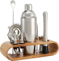 Amazon Basics 10-Piece Stainless Steel Cocktail Shaker Bar Tool Set with Bamboo Stand Holder, Home Bar Drink Mixing Accessories, Housewarming Gift