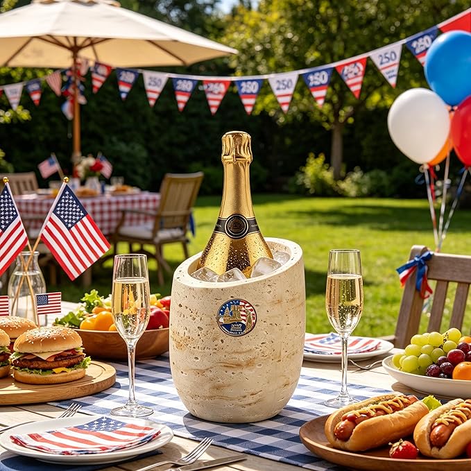 250th Years of United States Wine Chiller & Champagne Cooler – Travertine-Textured Resin Bucket for Rapid Cooling, Perfect for Independence Day Celebration, Home Party Decor – Wine Lovers Gift (Beige)