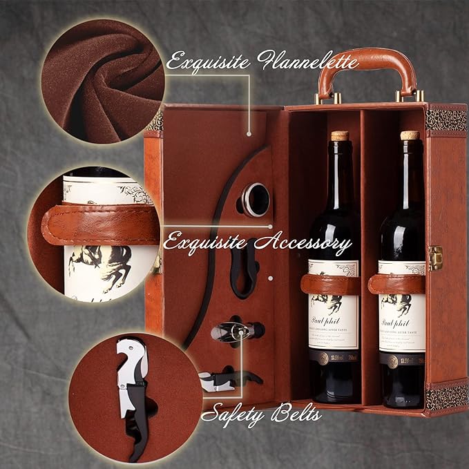 Wine Box, 2 Bottle Leatherette Top Handle with 4 Wine Accessory Travel Wine Gift Box, Handmade Premium Wine Carrier Case