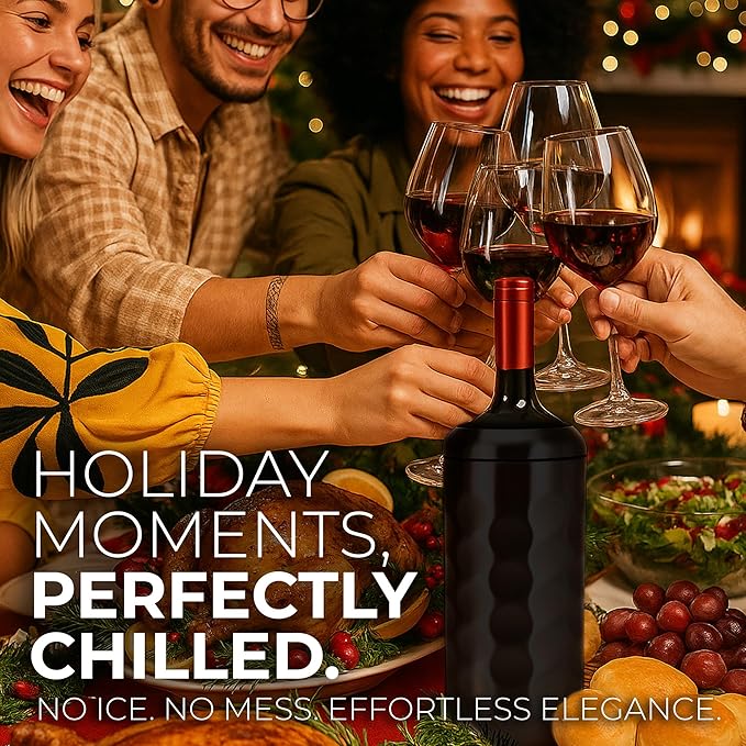 Wine Gifts - Premium Wine Chiller - 750mL Stainless Steel Bottle Cooler, Vacuum Insulated & Double-Walled - Keeps Cold 6+ Hours - Champagne Sleeve for Most Bottles - Black