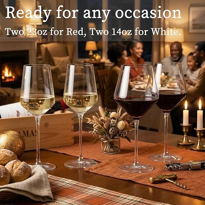 Physkoa Wine Glass Set of 4 – 2 Red (23oz) & 2 White (14oz) Hand-Blown Crystal Glasses with Corkscrew, Perfect Gifts for Birthday, Engagement, Wedding & Housewarming Mother's Day