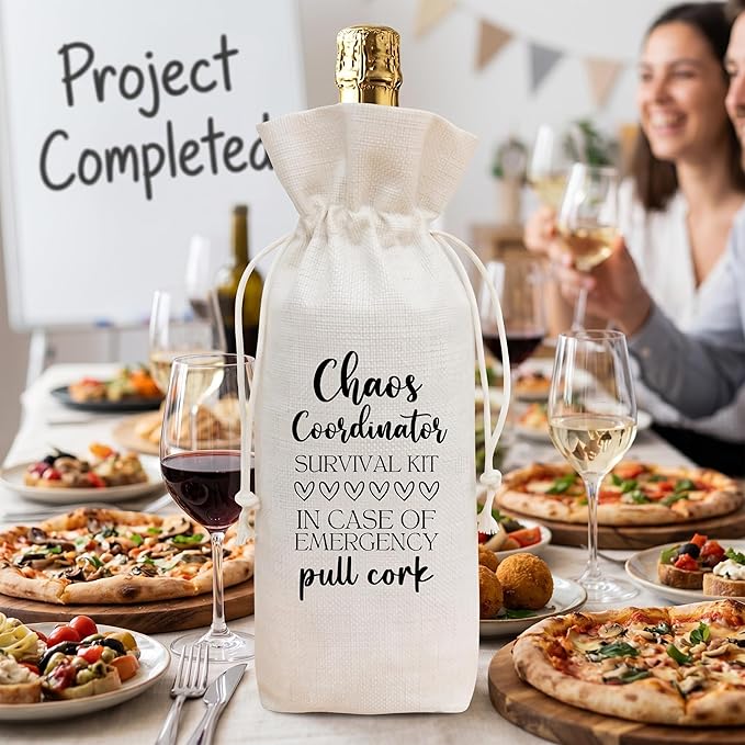 Funny Chaos Coordinator Survival Kit Wine Bag, Linen Drawstring Wine Bottle Gift Bag, Reusable Wine Pouch for Mom Teacher Boss Office Staff, 13 x 5.7 Inch - A12