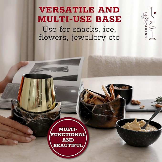 Gusto Nostro Marble Wine Chiller for Glass & Stainless Steel Tumbler Set of 2 - Wine Glass Chiller Holder for Freezer - Cool Set of Chillers & Stemless Wine Metal Tumblers for Home, Bar (Black & Gold)