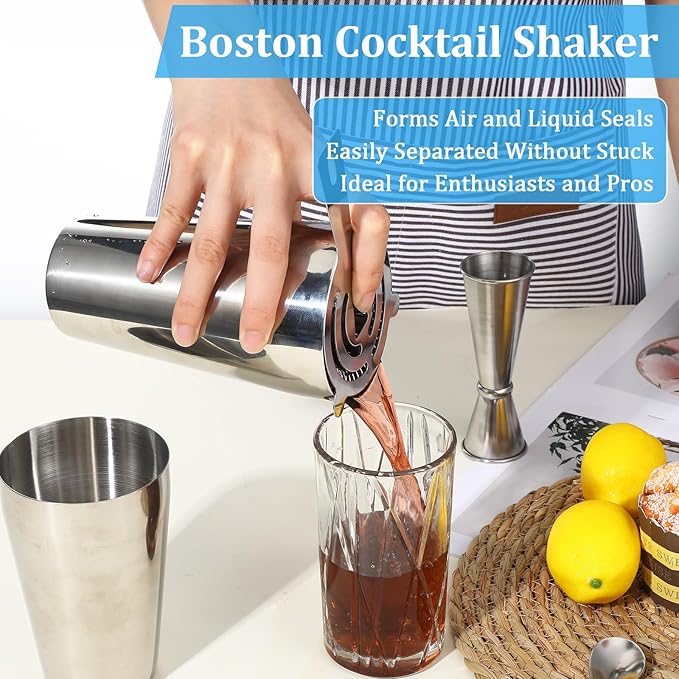 Professional Cocktail Shaker, Professional 5-Piece Bartender Kit with Boston Shaker, Hawthorne Strainer, Double Measuring Cocktail Jigger, and 10-inch Mixing Spoon, Stainless Steel Martini Shakers
