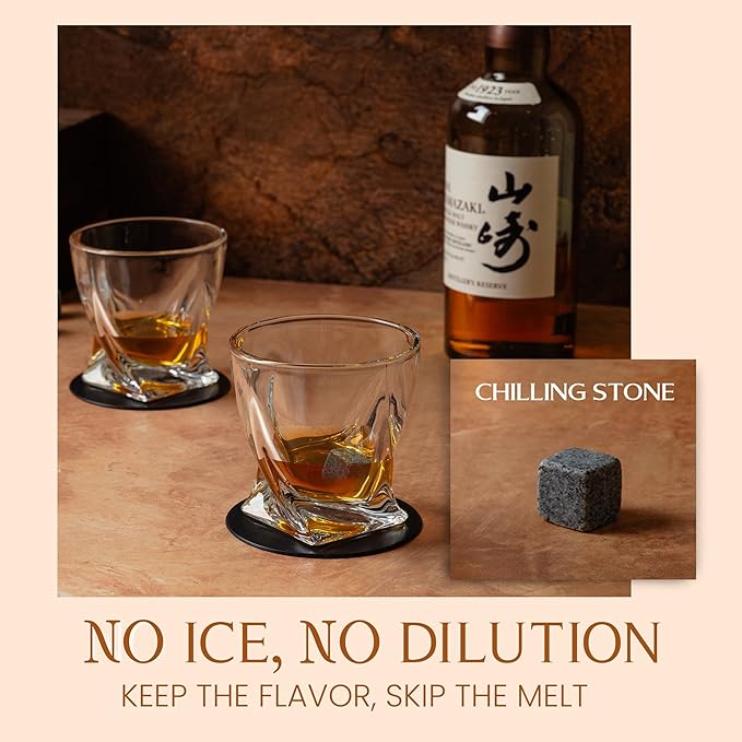 Mixology & Craft Whiskey Stones Gift Set - 12 Pieces (6 Granite Chilling Rocks, 2 10oz Old Fashioned Glasses, Coasters & Velvet Bag) In Wooden Box - Whiskey Gifts For Men, Whiskey Lover, Whiskey Set