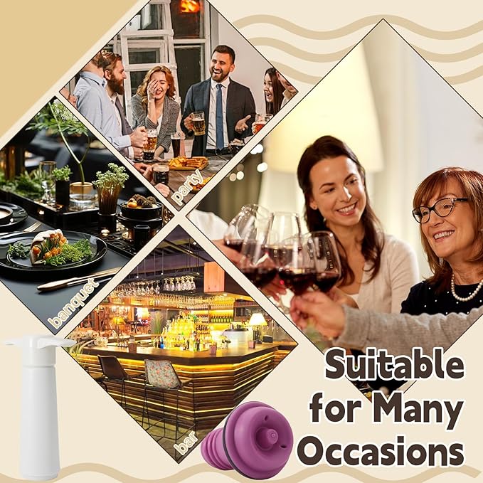 4 Pcs Wine Stoppers, Reusable Preserver Vacuum Pump, Wine Saver Vacuum Pump for Kitchen, Office, Home and Parties(Purple)