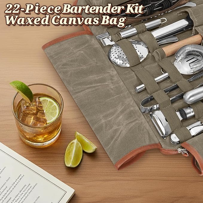 Travel Bartender Kit Bag with 22-Pc Cocktail Shaker Set, Waxed Canvas Protable Carrying Bartender Bag with Stainless Steel Bar Tool Set, Roll-Up Bartenders Kits for Professional Bartenders