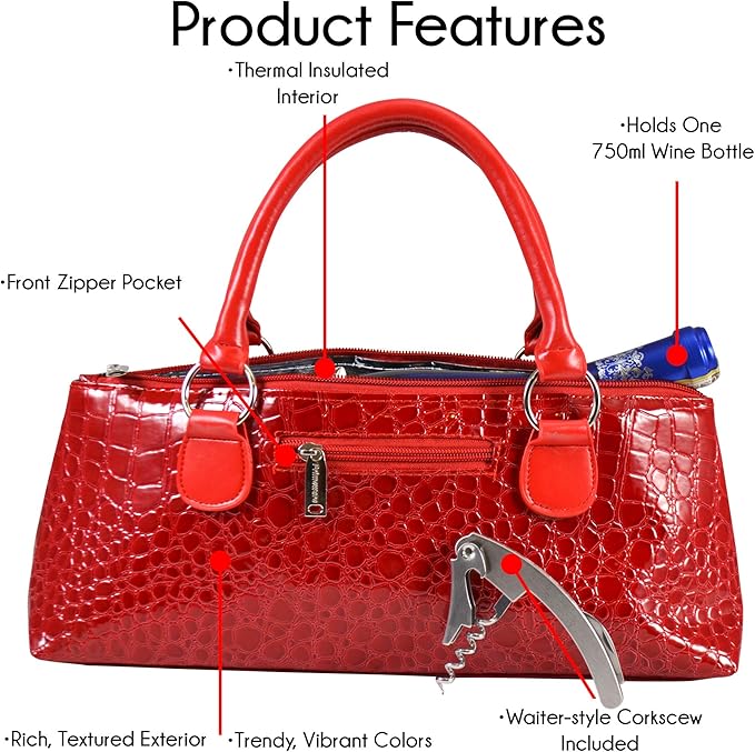 Primeware Wine Clutch Bag (Thermal Insulated) Trendy Women’s Carry Tote | Holds Red & White 750mL Bottles | Trendy Fashion | Incl. Portable Waiter-Style Corkscrew