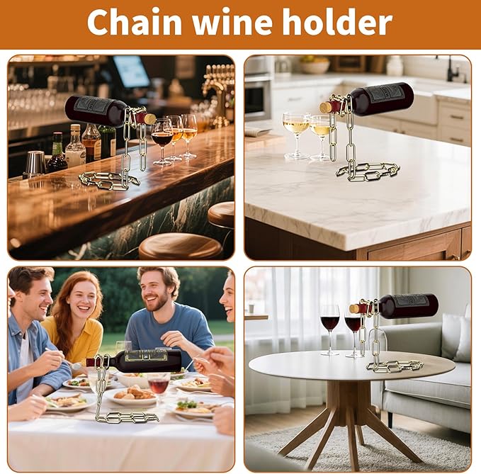 TBWHL Novelty Magic Wine Bottle Holder Floating Steel Link Chain Wine Bottle Rack/Holder - Holds Bottles in The Air, Unique Levitating Wine Bottle Stand for Home Bar, Kitchen, or Party Deco（Gold）