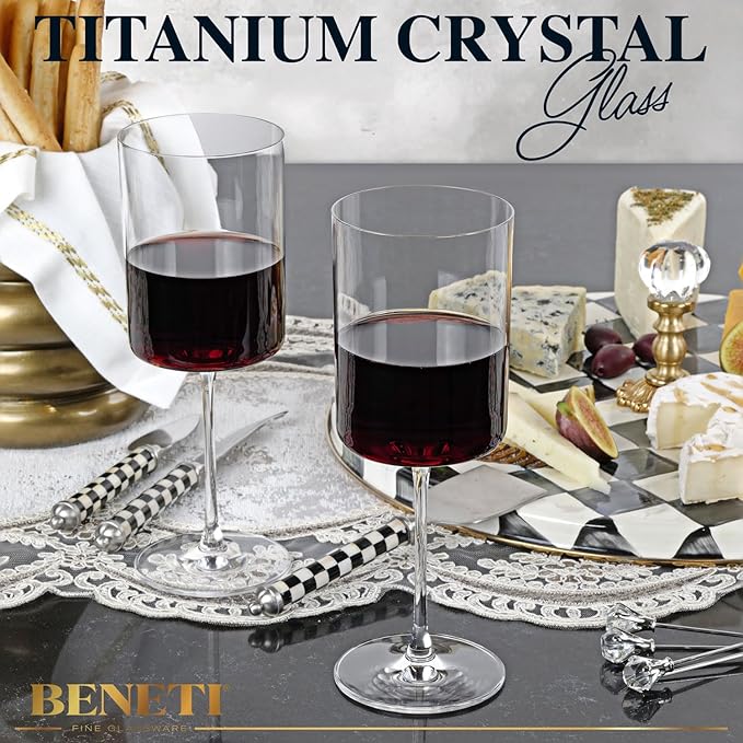 BENETI Square Crystal Wine Glasses Set Of 4 - European-made Handblown 14 oz Gift Packed Glasses - Large White & Red Wine Goblets W/Laser-cut Rim, Dishwasher-safe Clear glass gifts Set