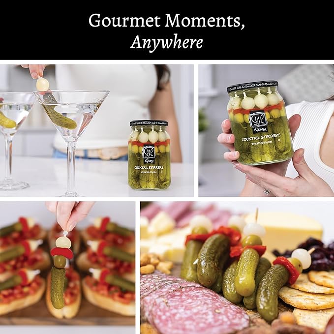 Sable & Rosenfeld Tipsy Garlic & Dill Cocktail Stirrers 16 oz Jar (Pack of 1), Hand-Packed Martini Pickles and Olive Skewers, Kosher, Gluten-Free Cocktail Garnish