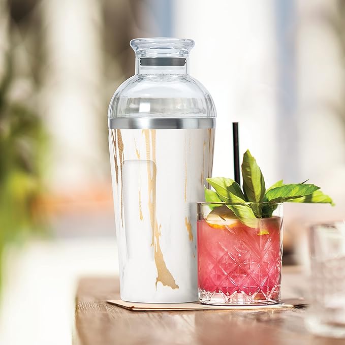 OGGI Groove Insulated Cocktail Shaker-17oz Double Wall Vacuum Insulated Stainless Steel, Tritan Lid has Built In Strainer, Ideal Cocktail Mixer, Martini Shaker, Margarita Shaker, Gold Marble