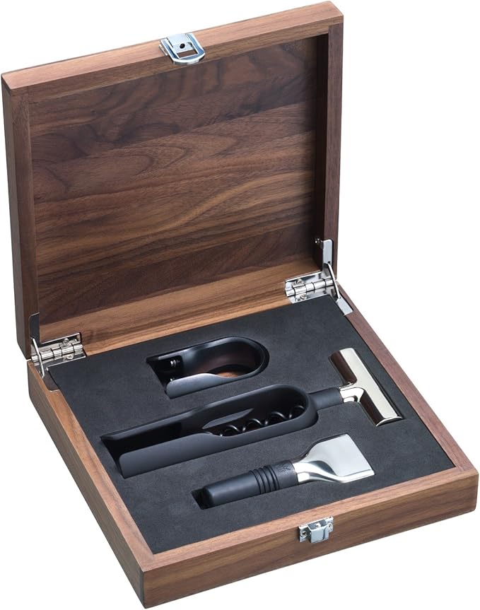 WMF Baric Wine Sommelier Set 3-Piece Corkscrew Set, Wine Accessories, Foil Cutter, Bottle Stopper, in Walnut Wood Box, Black