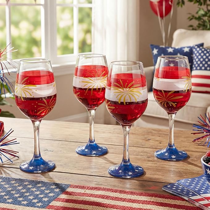 SiliFine 4 Pcs 4th of July Patriotic Party Stemmed Wine Glasses Hand Painted American Flag Stripes Fireworks Drinking Cup Wine Glasses Gifts for Independence Day Theme Holiday Party Supplies